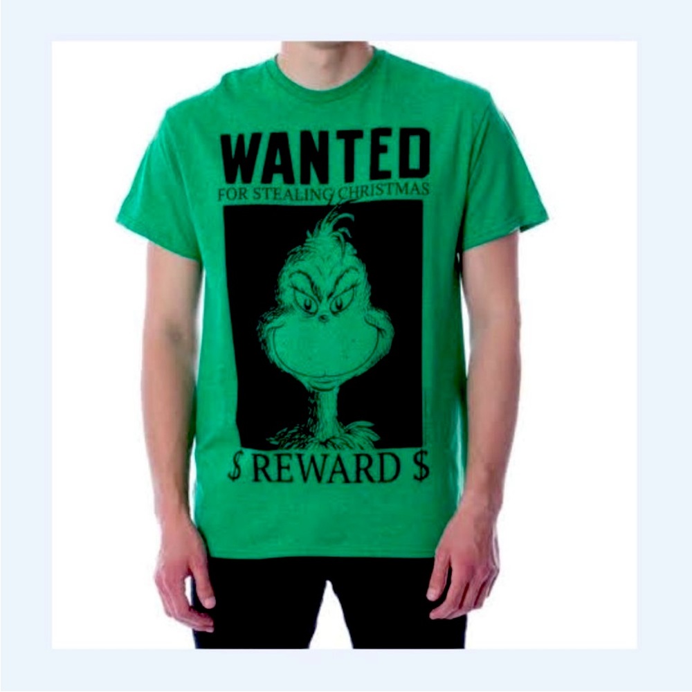 Men's Green Size MED 'Wanted For Stealing Christmas' Grinch Graphic T-Shirt